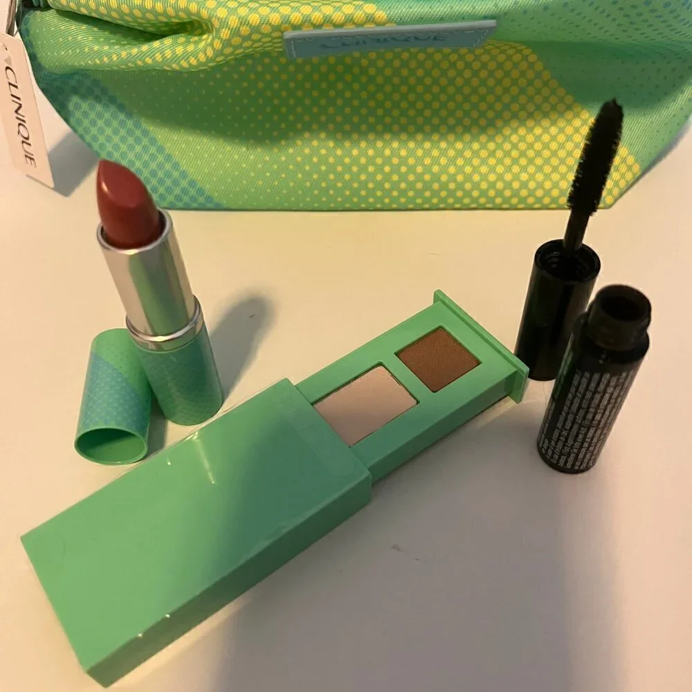 Clinique Cosmetic Bag Travel Size Lipstick Eyeshadow Mascara Set